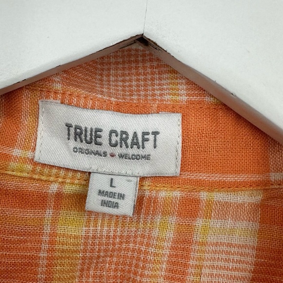 True Craft Orange Plaid Cropped Button Shirt Size Large Linen Blend - Picture 6 of 9